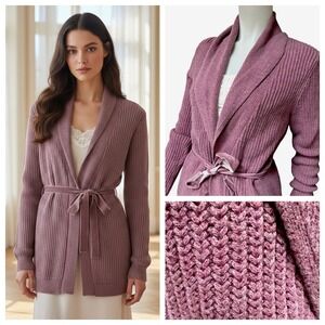 Talbots Mauve Pink Ribbed Chunky Knit Cardigan M Lambswool Belted Shawl Sweater